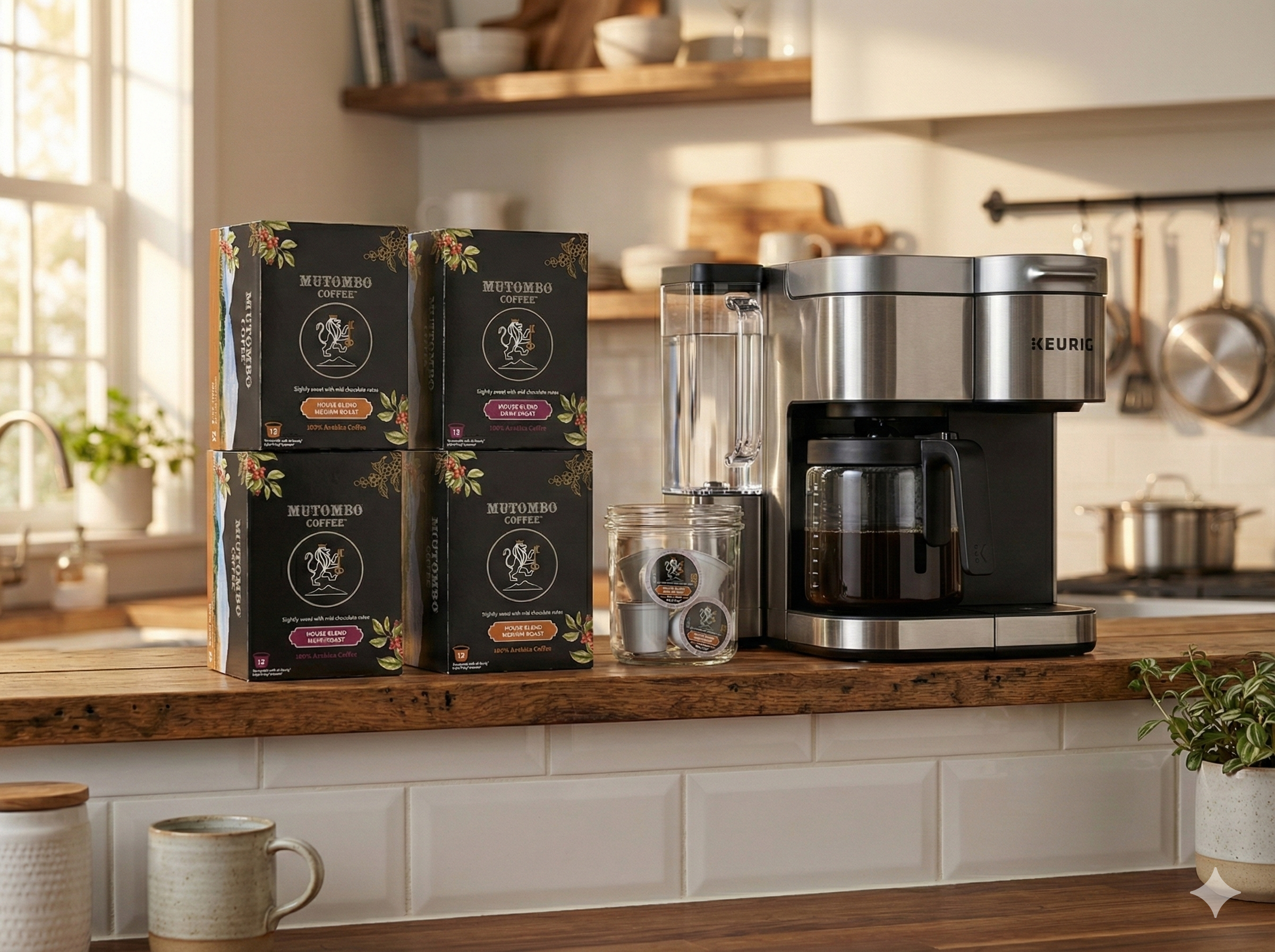 Neurio coffee maker on a kitchen counter with coffee bags and a mug.