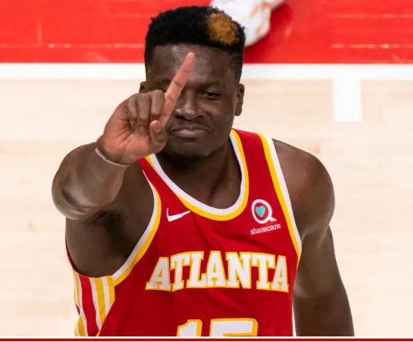 Clint Capela wagging his index finger — a la Dikembe Mutombo, Founder of Mutombo Coffee, in Knicks v Hawks game - Mutombo Coffee
